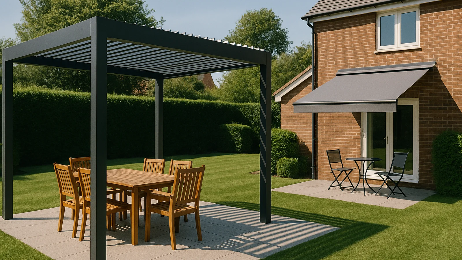 A modern residential garden at midday with two outdoor living products in shot. An anthracite aluminium louvered pergola covers a teak dining set on the patio. A retractable fabric awning extends from the side return over a smaller seating area.