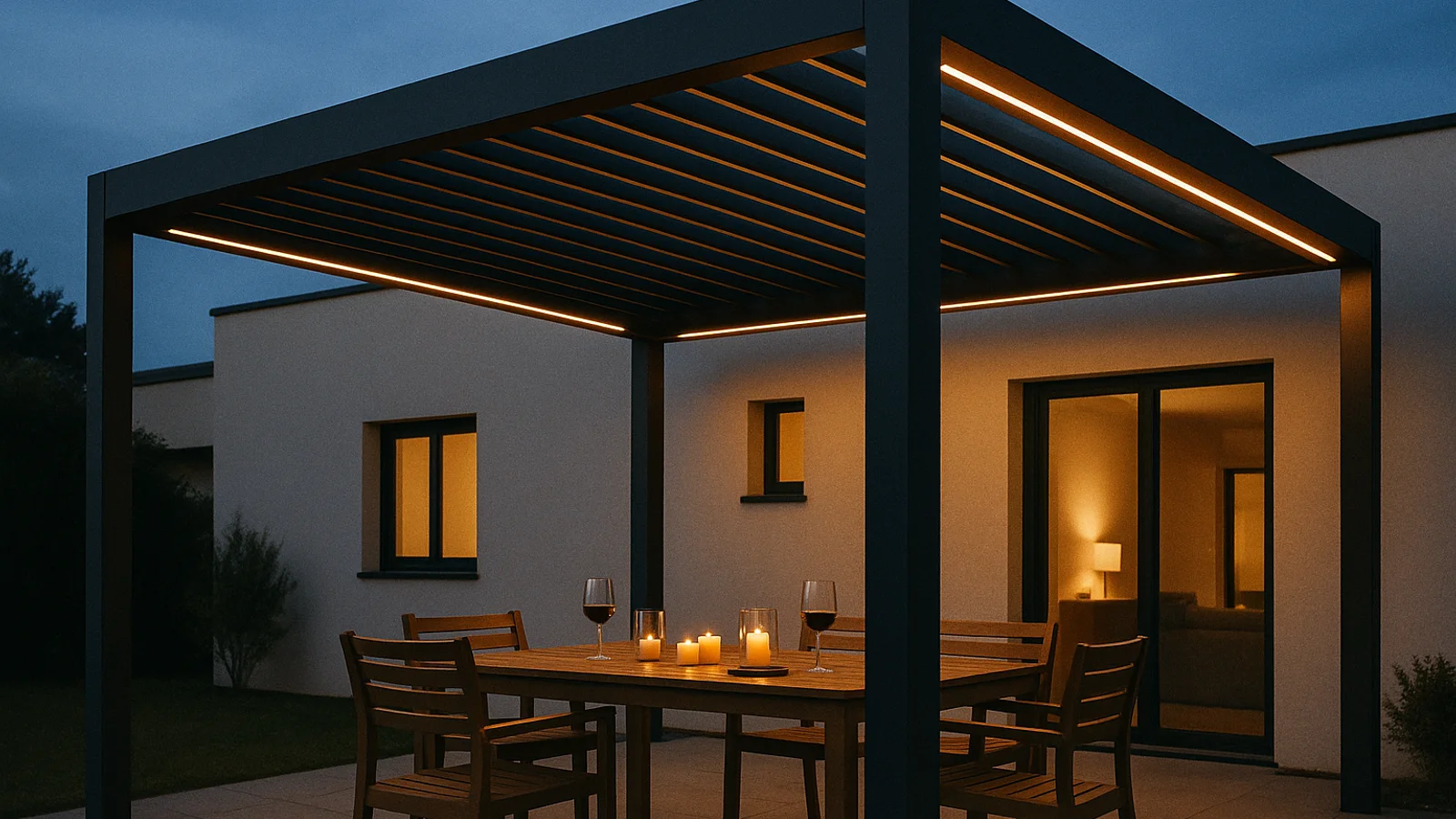 An anthracite aluminium louvered pergola at dusk over a residential patio. Warm LED strip lighting runs along the rafters above a teak dining table set for an evening meal, with the back of a modern house visible in the soft golden light.