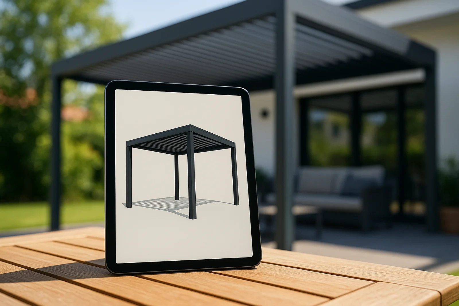 A tablet propped on an outdoor table shows a 3D model of a dark grey aluminium louvered pergola, with the real louvered pergola and a lounge set blurred in the sunlit garden behind it.