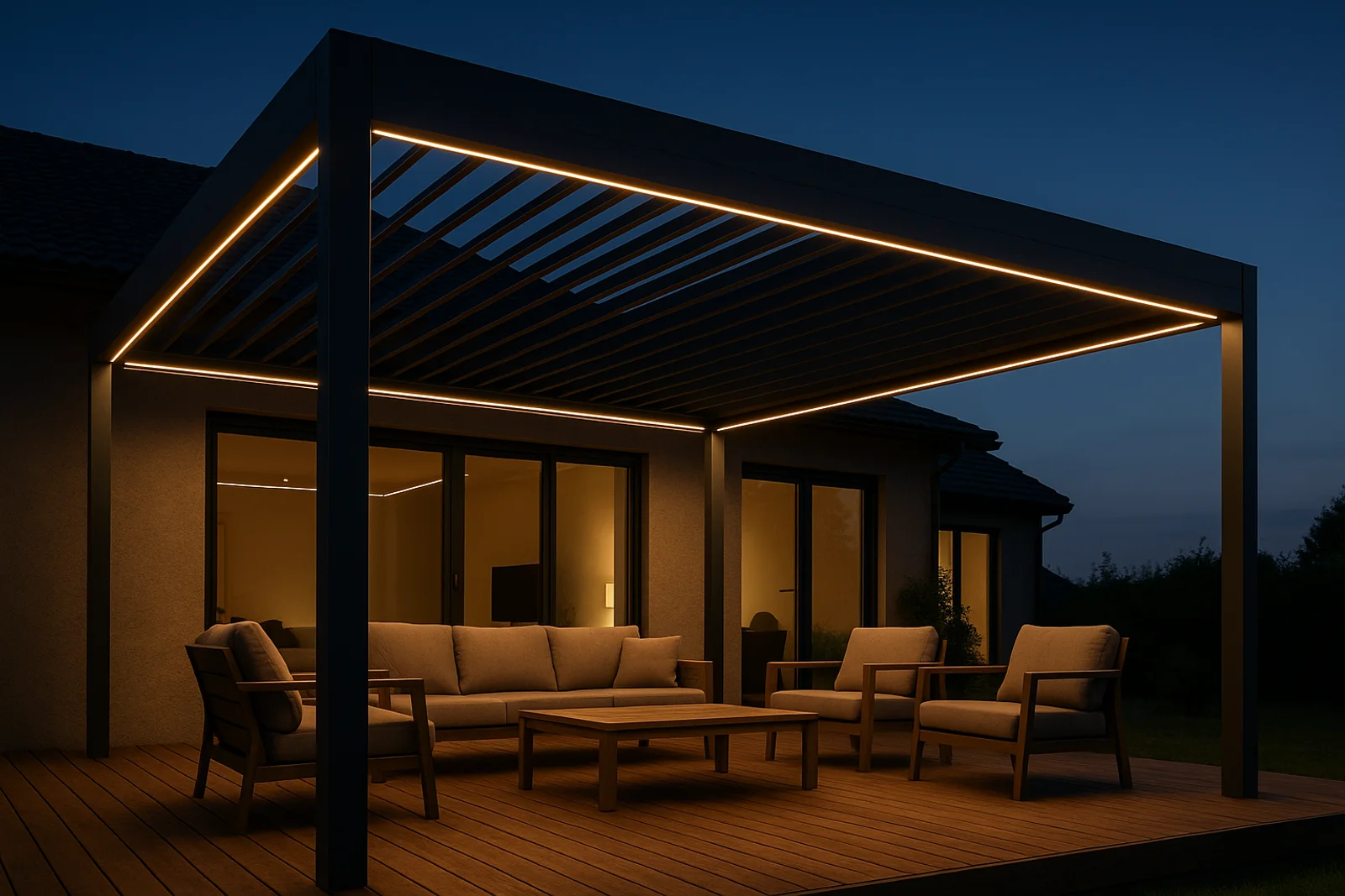 A dark grey aluminium louvered pergola over a timber deck at dusk, lounge furniture beneath it and warm LED strip lighting along the beams, the roof blades partly open to a deep blue sky.