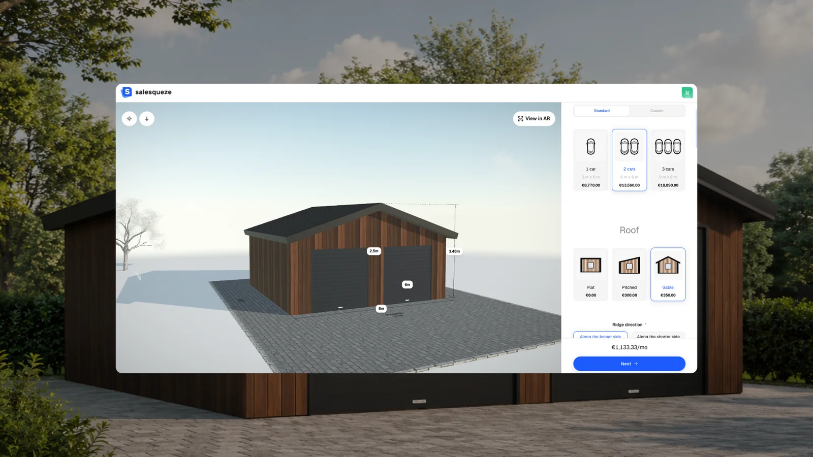 A garage configurator open over a photo of a real timber garage. The buyer has picked the 2 car size at 13,560 euro and a gable roof, with the running monthly figure below the option panel.
