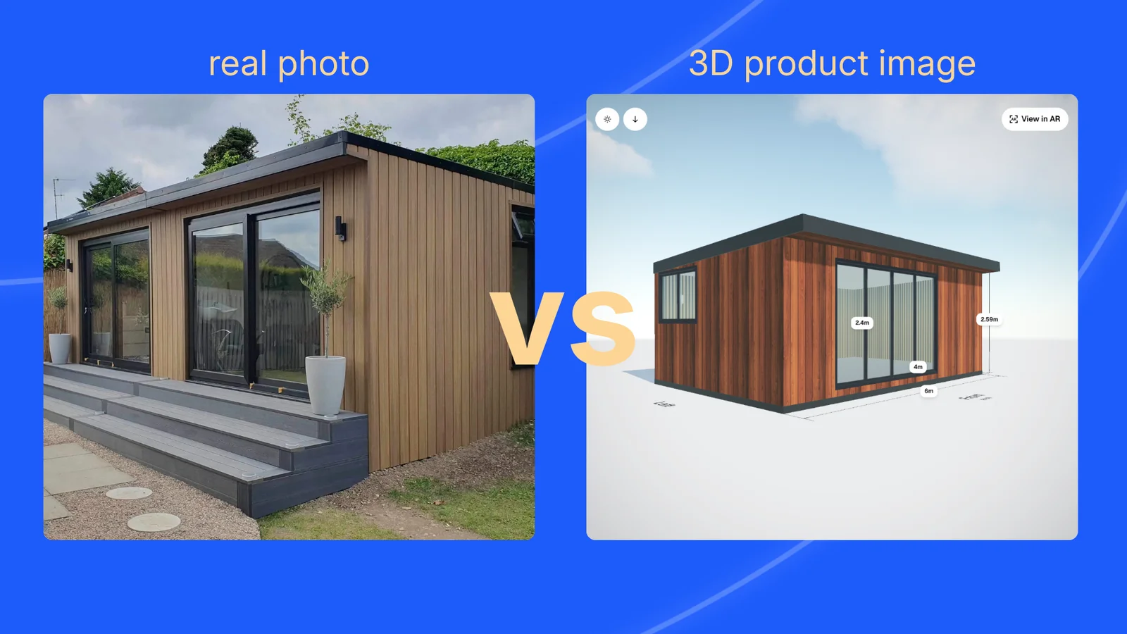 A split comparison graphic labeled real photo and 3D product image, showing a finished garden room photo next to its matching 3D configurator model with dimensions.