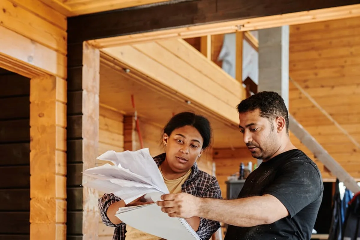 Two installers in plaid and workwear reviewing a printed plan inside a timber-clad garden room, mid-build.