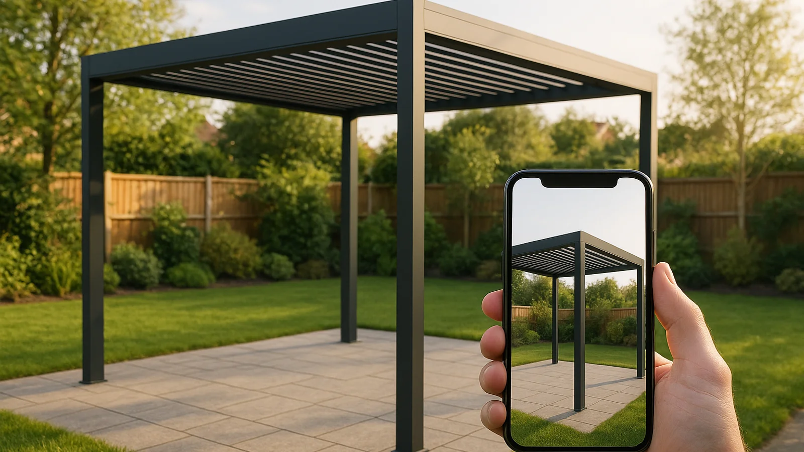 A modern anthracite aluminium louvered bioclimatic pergola over a residential garden patio in afternoon light, with a hand in the lower frame holding a smartphone showing a 3D render of the same pergola at the same angle.