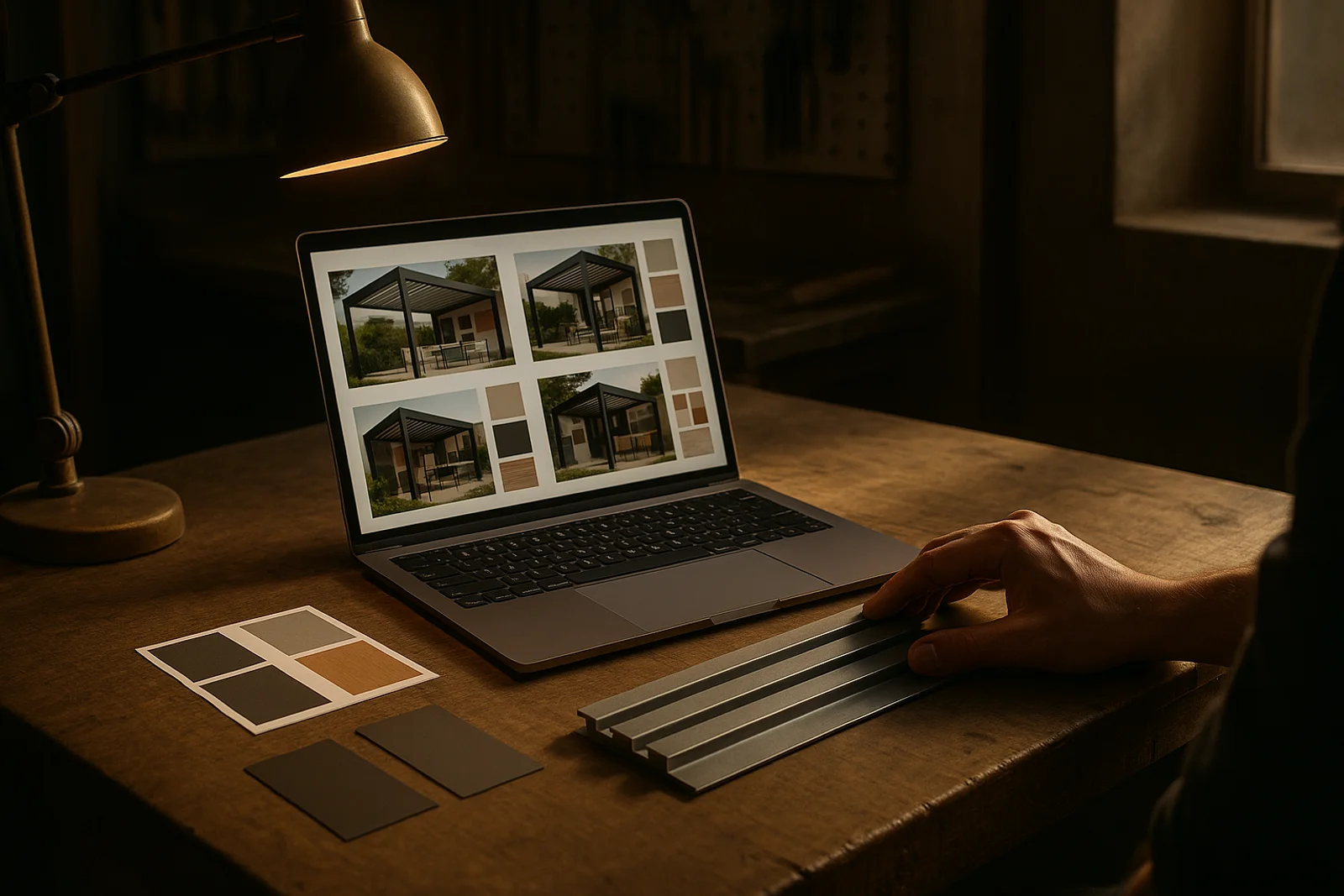 A designer at a workshop bench reviewing pergola moodboards on a laptop screen, with printed swatches and a louvered slat sample under a warm work lamp.