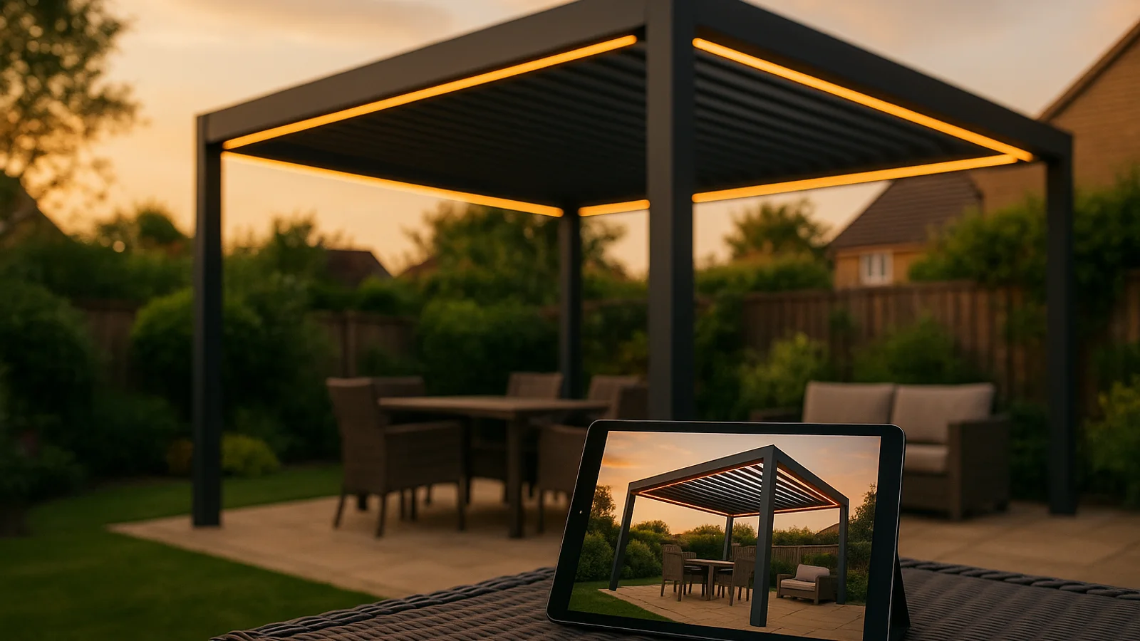 An anthracite aluminium louvered pergola at golden hour, photographed from inside a tablet screen showing the same pergola rendered in 3D against the customer's own garden background.