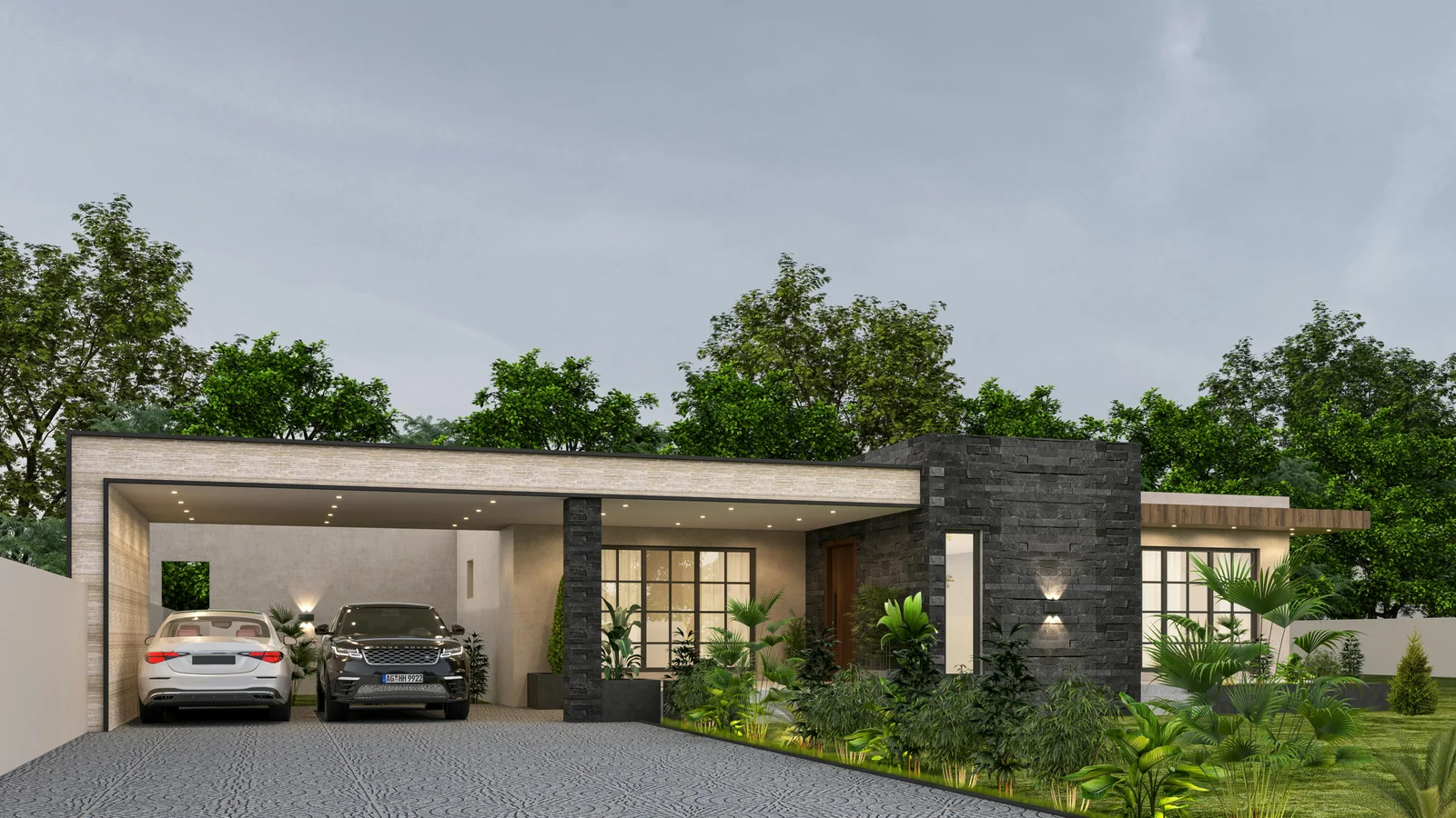 Modern residential bungalow with two cars parked under an open carport-style canopy off the driveway, photographed in daylight against a clean architectural facade.