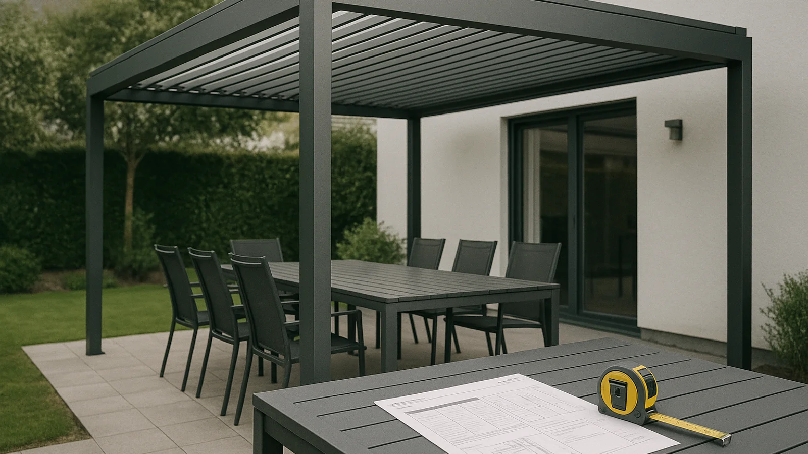 A modern anthracite aluminium bioclimatic pergola with louvered roof slats over an outdoor dining area, with a printed specification sheet and tape measure on the table in the foreground.