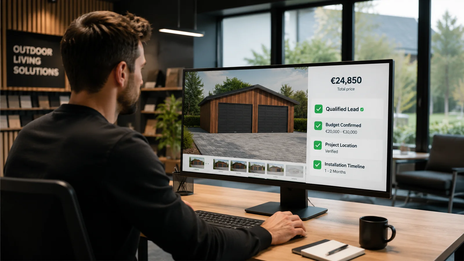 A seller in an outdoor living showroom looking at a lead that arrived pre-sorted: a configured timber garage at 24,850 euro, with green ticks against qualified lead, budget confirmed, location verified, and a 1 to 2 month install window.