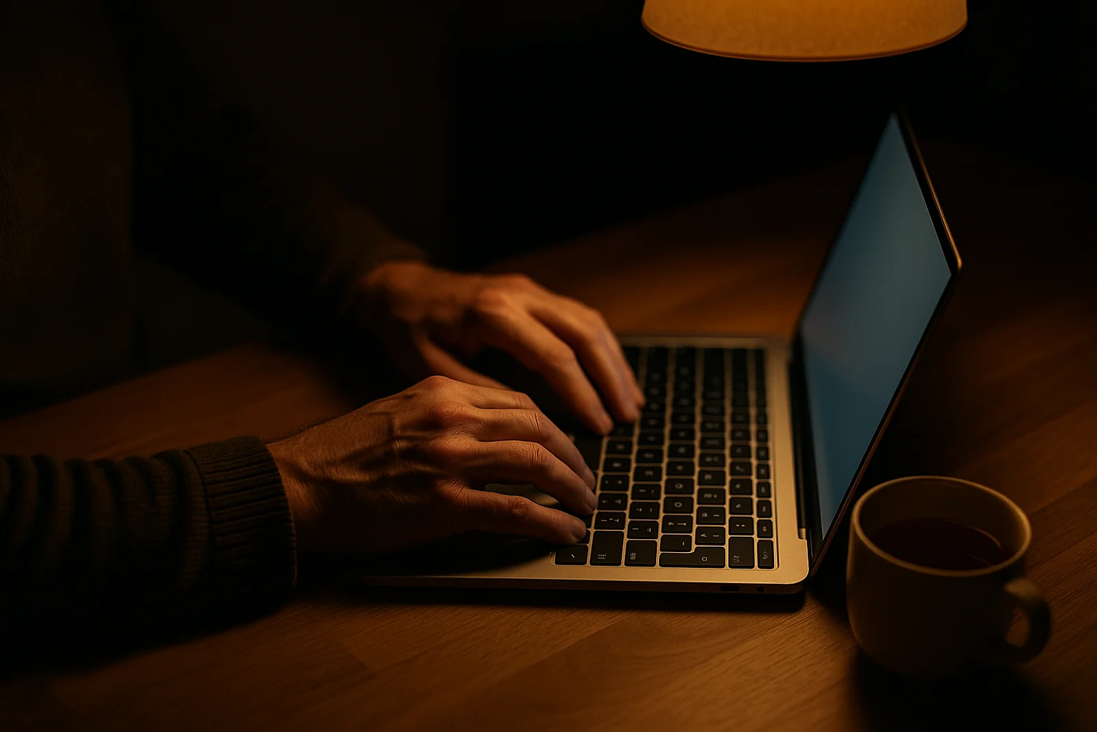 A close-up of a homeowner's hands typing on a laptop on a kitchen table at night, with a pergola sketch faintly visible on the screen and a cold half-finished cup of tea beside it.