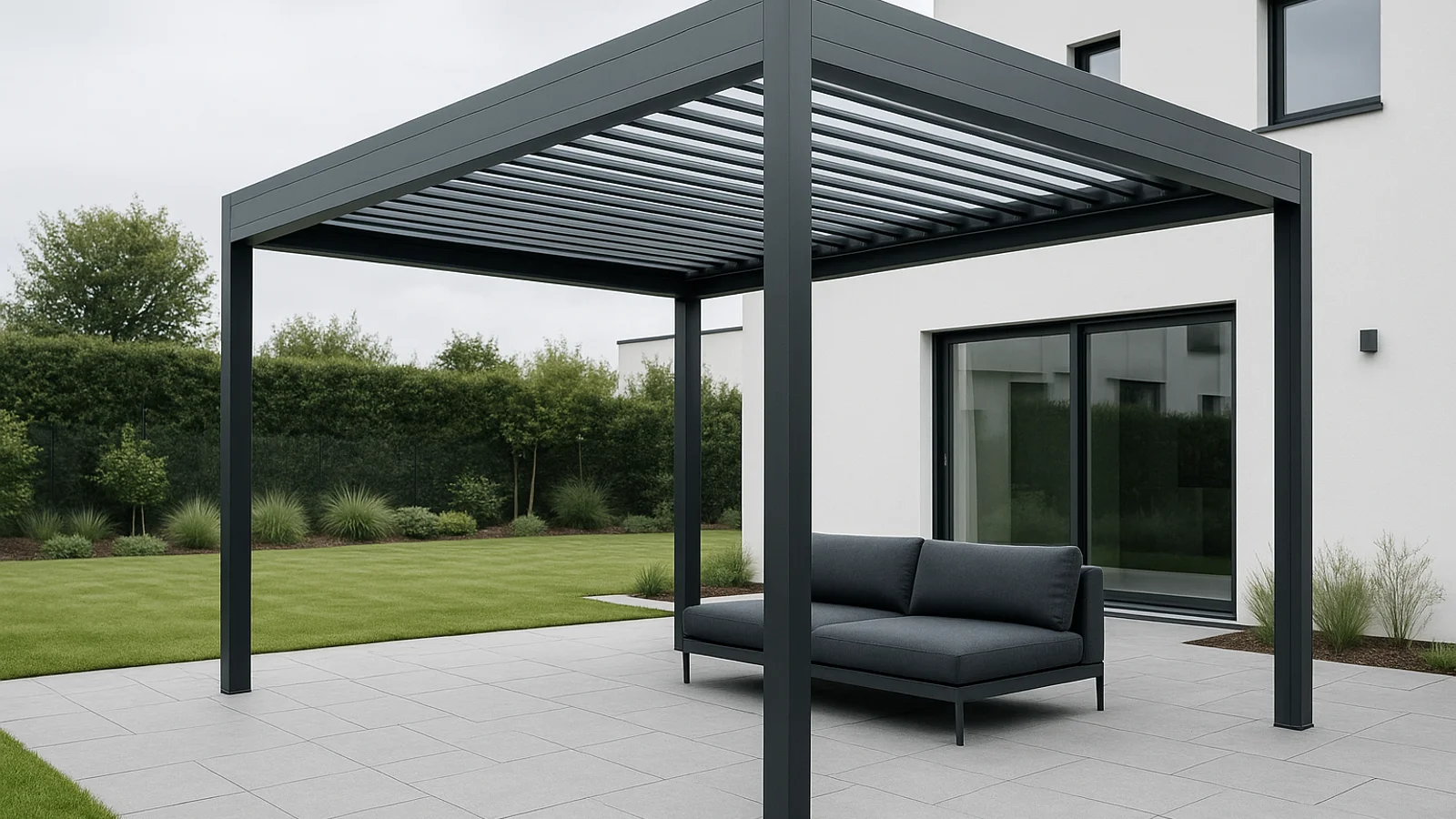 A modern anthracite aluminium bioclimatic pergola with louvered roof slats over a stone patio and an outdoor sofa, set against a contemporary house and a manicured garden.