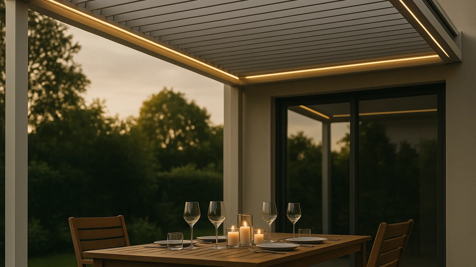 A white aluminium louvered pergola at dusk over a wooden dining table set with candles and wine glasses, lit by warm LED strips along the rafters.