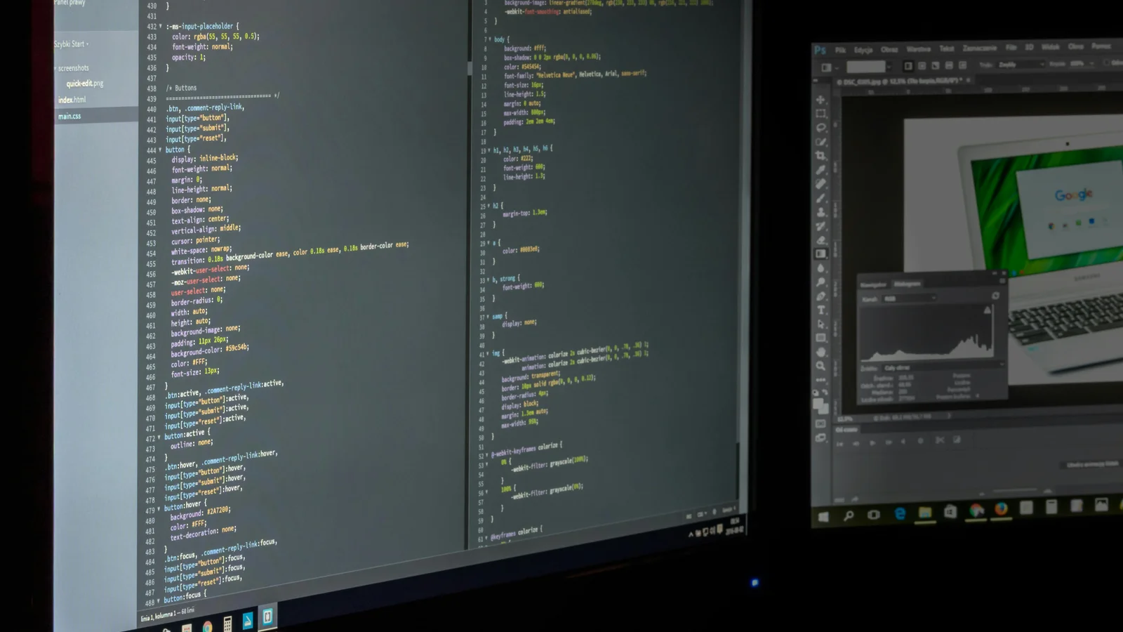 A dual-monitor developer workstation with code on one screen and an image editing application on the other, the typical setup for the engineer wiring a digital showroom's rules and 3D layers together.