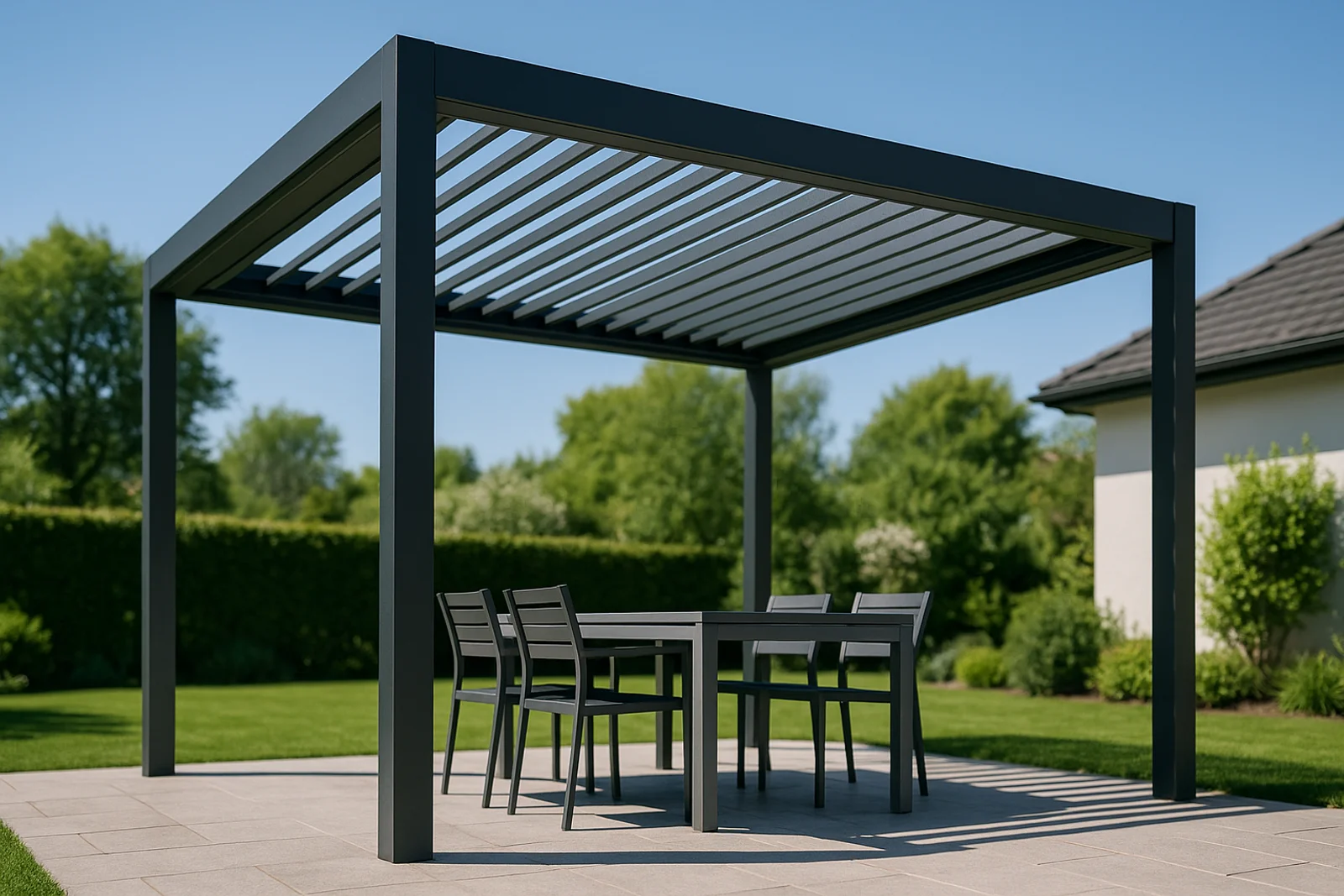A modern anthracite aluminium bioclimatic pergola with horizontal louvered roof slats over an outdoor dining table and chairs on a stone patio in a residential garden.