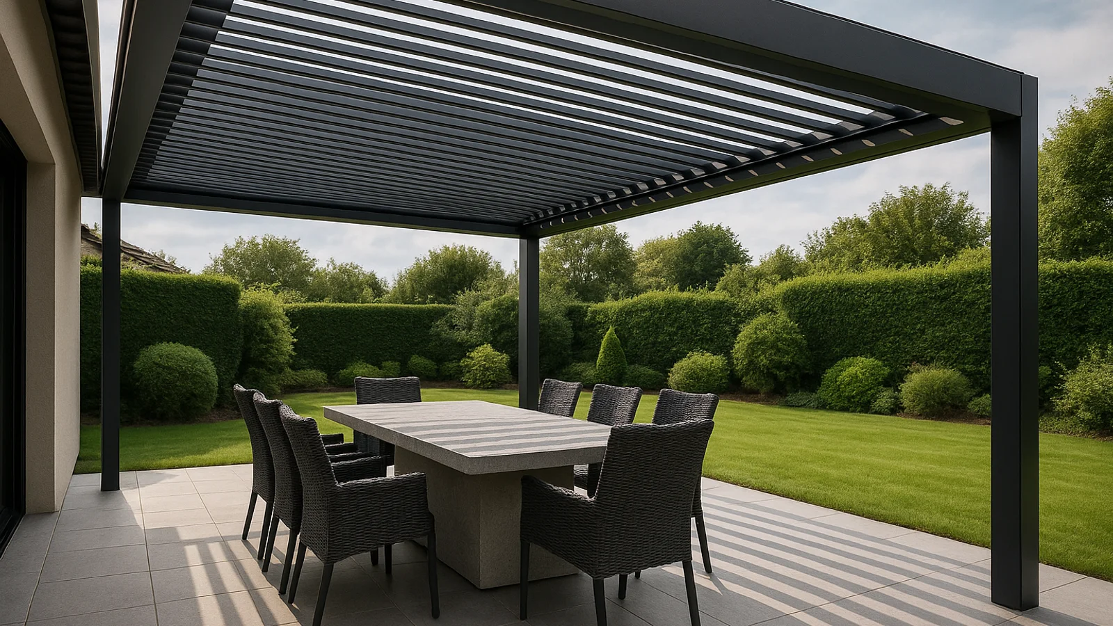 A modern anthracite aluminium bioclimatic pergola with louvered roof slats, mounted to a residential property over a dining table and chairs, with a manicured back garden behind.