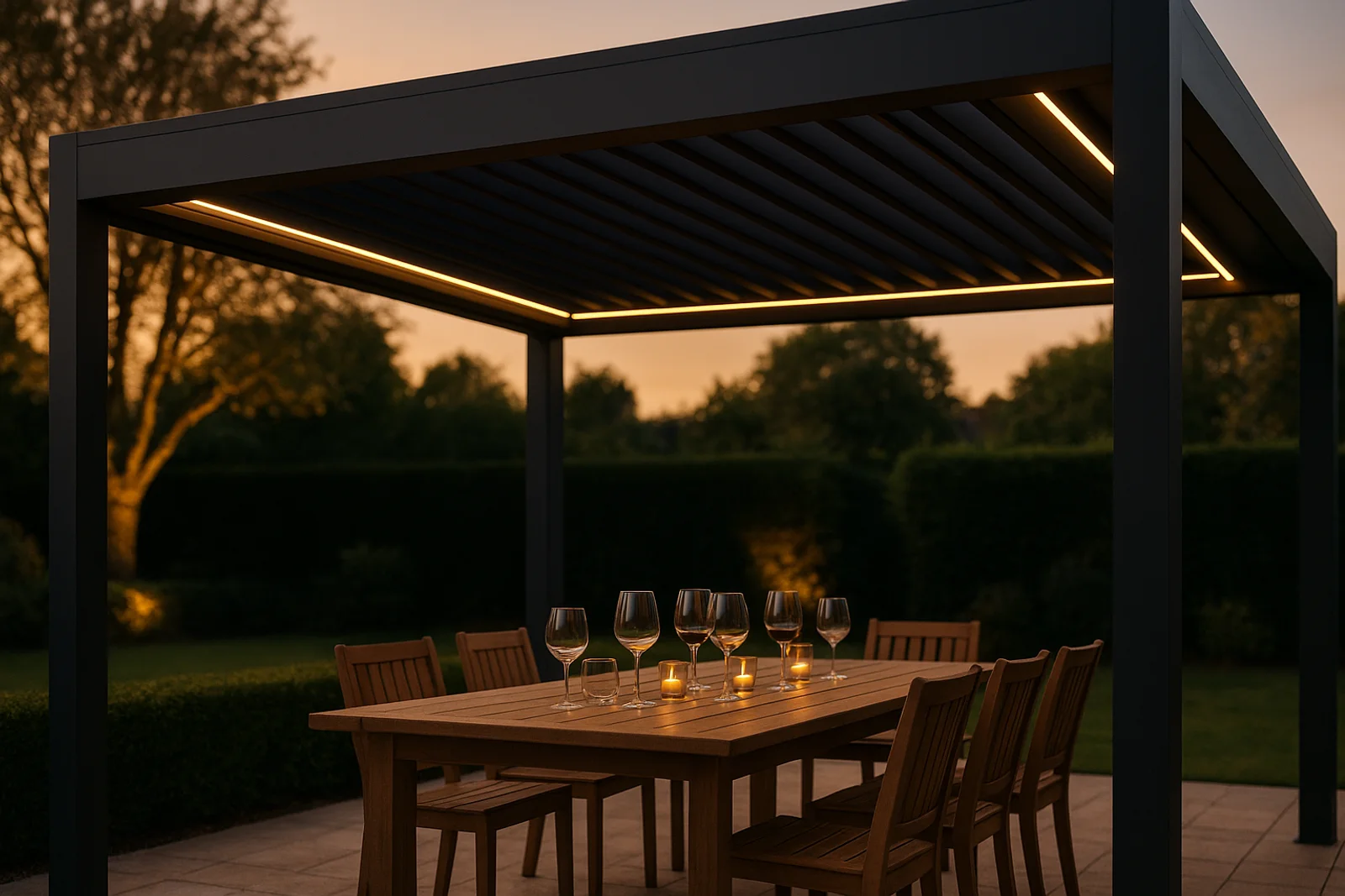 A modern anthracite aluminium bioclimatic pergola at dusk with integrated warm LED strip lighting along the rafters, set over a teak dining table laid with wine glasses and lit candles.