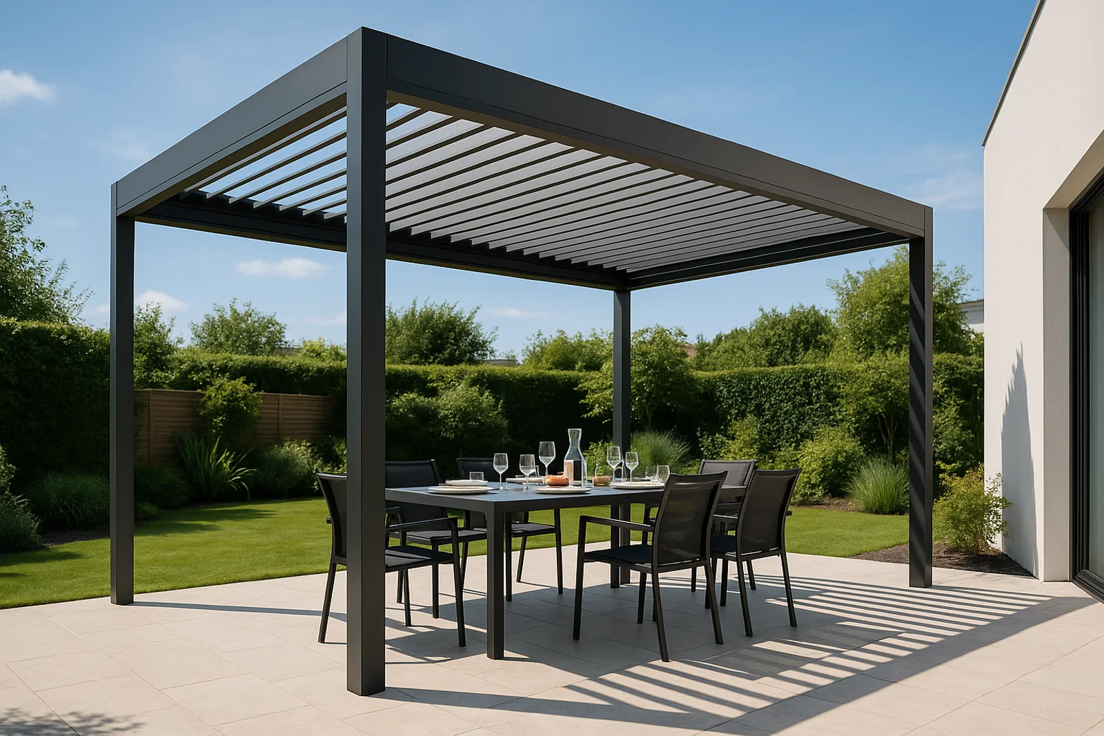 A modern anthracite aluminium bioclimatic pergola with horizontal louvered roof slats over an outdoor dining table and chairs on a stone patio in a residential garden in daylight.