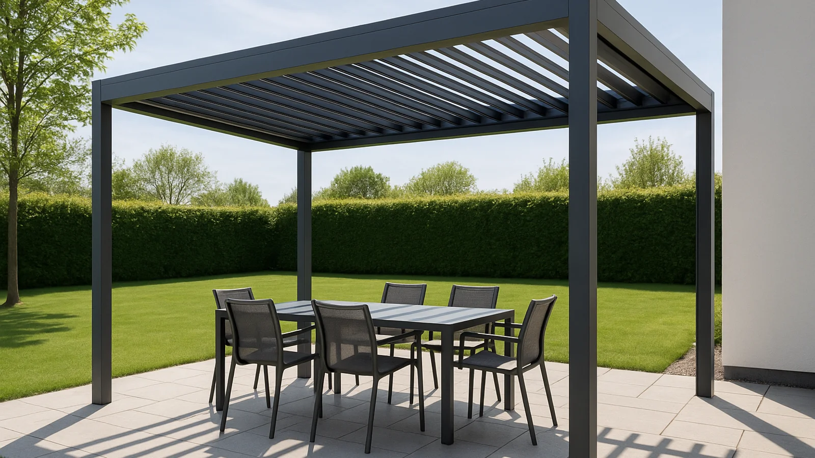 A modern anthracite aluminium bioclimatic pergola with horizontal louvered roof slats slightly tilted open, mounted in a residential backyard over a clean dining area with chairs and a table.