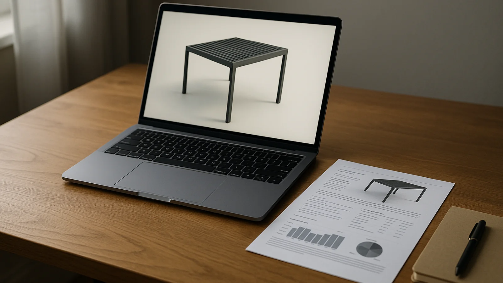 A laptop on a wooden desk showing a 3D model of an anthracite aluminium louvered pergola, with a printed PDF quote sheet lying flat next to it.