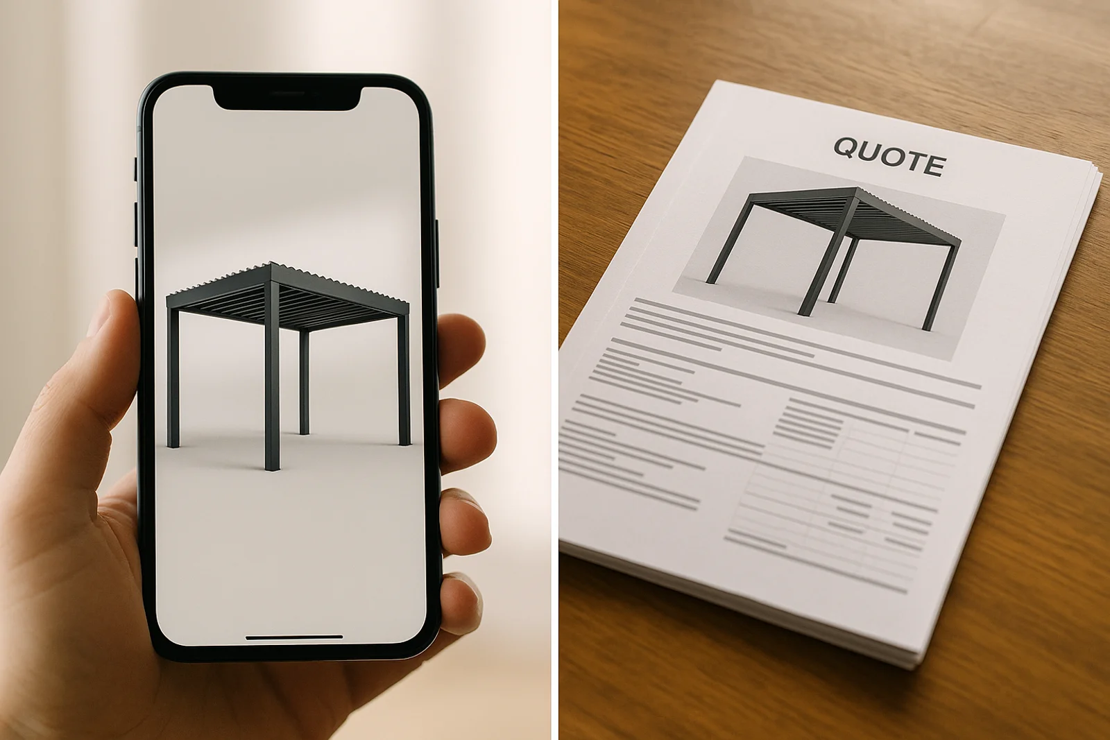 A side-by-side comparison: on the left a 3D pergola model on a phone screen, on the right a printed PDF quote with the same pergola rendered at the top.