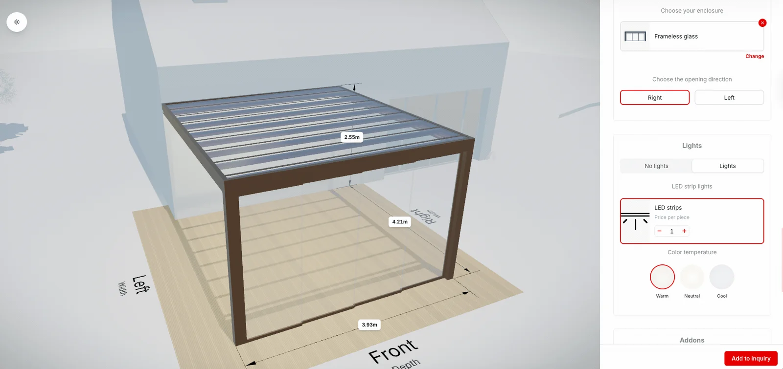A glass roof pergola drawn to 3.93 by 4.21 metres against a house wall, with the panel beside it set to frameless glass, a right-hand opening, and warm LED strips.