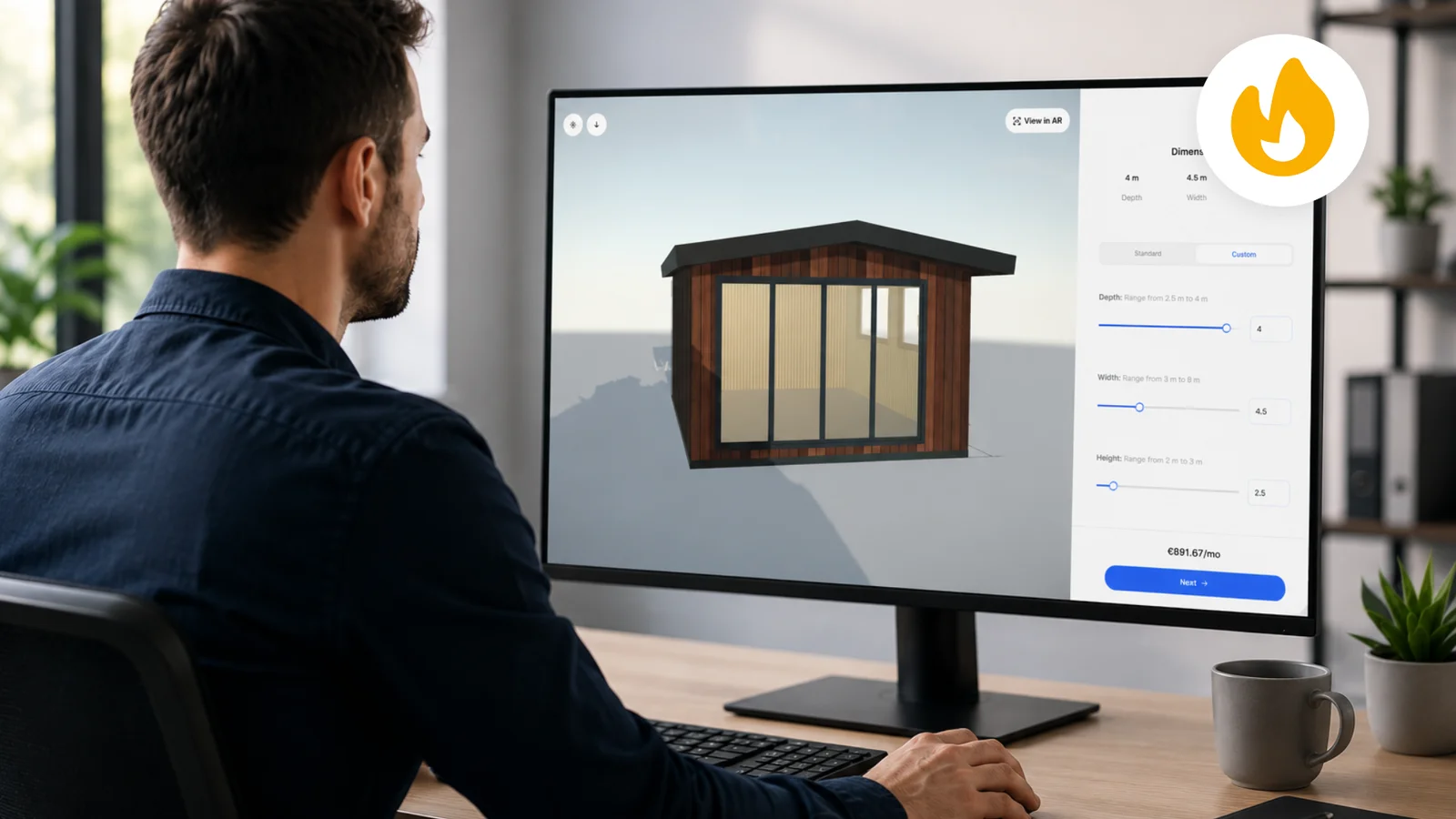 A seller at a desk watching a buyer's garden room take shape on screen, depth and width sliders set to 4 by 4.5 metres, a monthly price underneath, and a flame marker in the corner flagging the lead as hot.