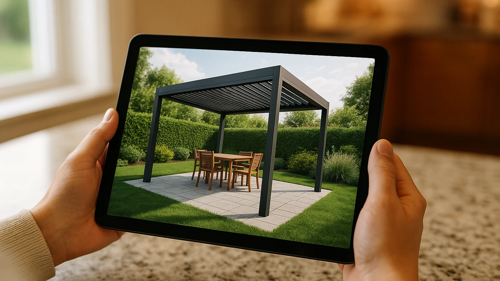 A homeowner buyer at a kitchen counter holding a tablet that shows a 3D render of a modern anthracite aluminium louvered bioclimatic pergola over a residential garden patio, in soft daylight from a window.