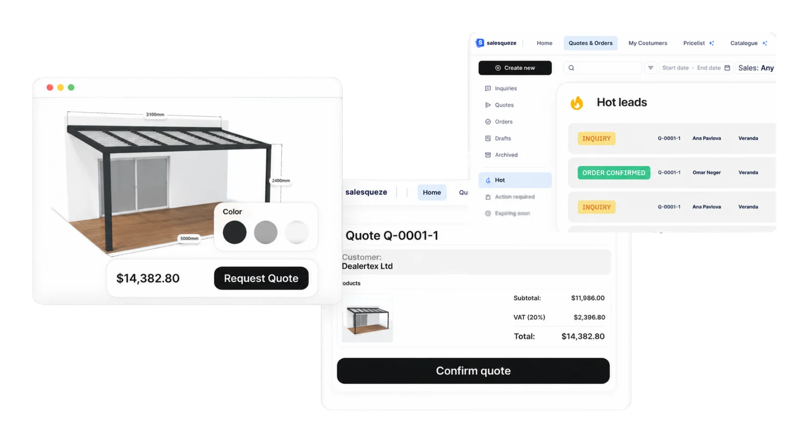 A diagram of the veranda visual sales system: the buyer builds a veranda in 3D, the design turns into a priced quote, and engagement signals flag the serious buyer on the seller's side.