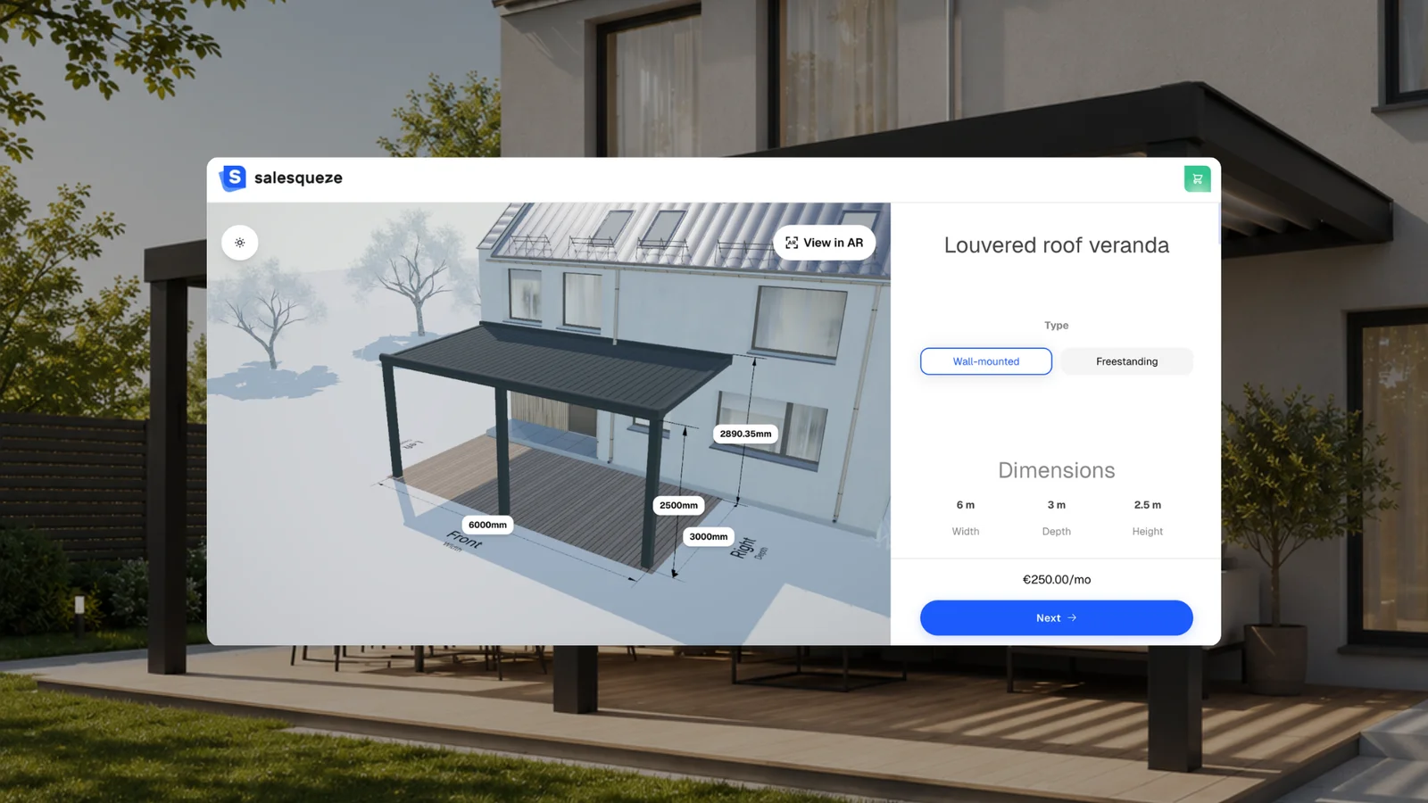 A glass roof veranda rendered in 3D next to a real garden photo, showing the frame colour and roof style a buyer picked.