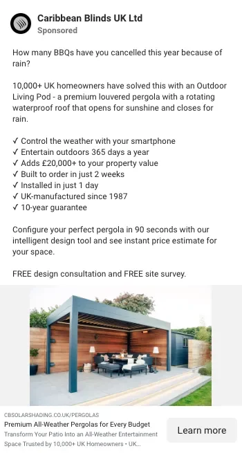 A Caribbean Blinds pergola ad on Instagram.