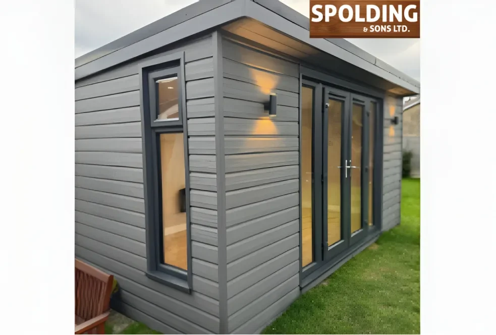 A second Spolding and Sons Facebook ad about working from the kitchen table, listing benefits of a garden office.