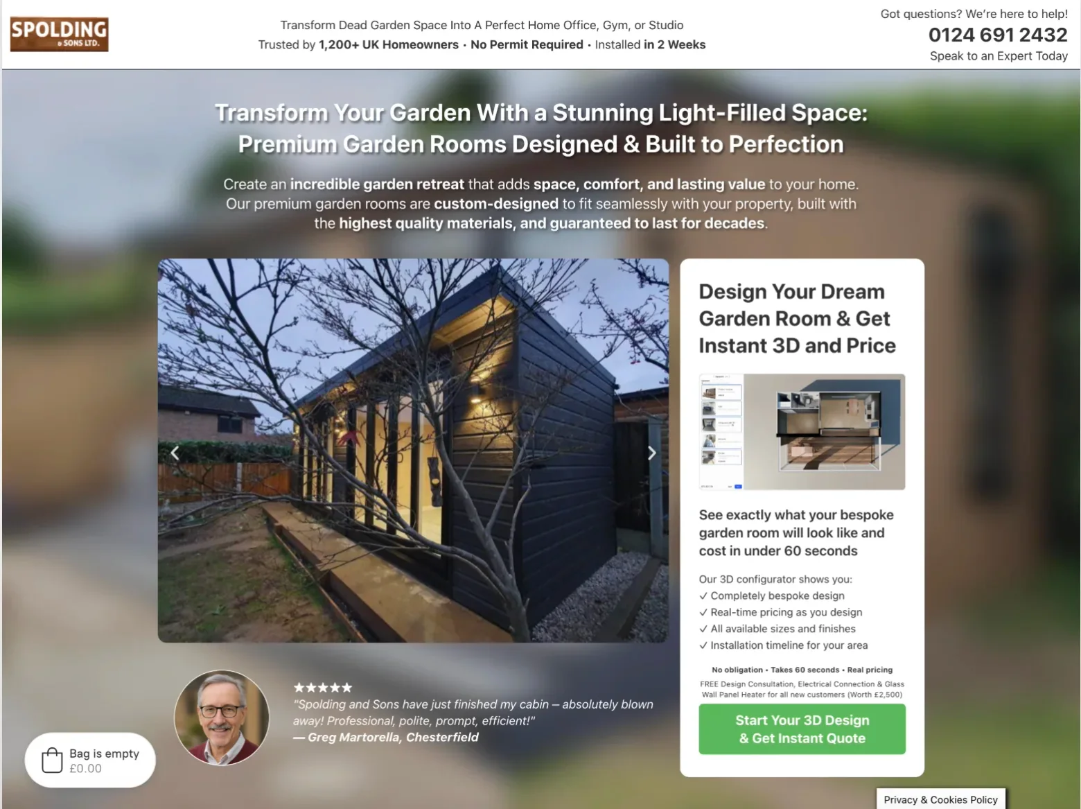 The Spolding and Sons garden room landing page: phone number in the header, a headline about transforming the garden, a photo slider, a review, and one blue call to action button.