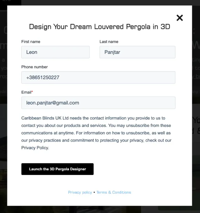 A short lead form asking only for name, email and phone number before the configurator opens.