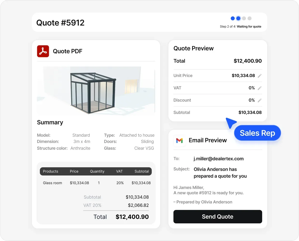 A quote screen showing the PDF, a price breakdown with unit price, VAT and total, and the email that goes out to the customer.