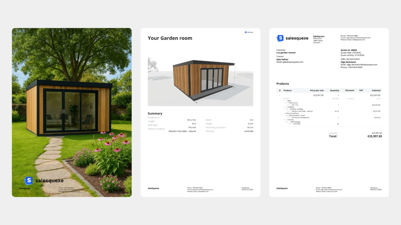 A sample garden room quote PDF with a 3D render of the configured room and an itemised price.