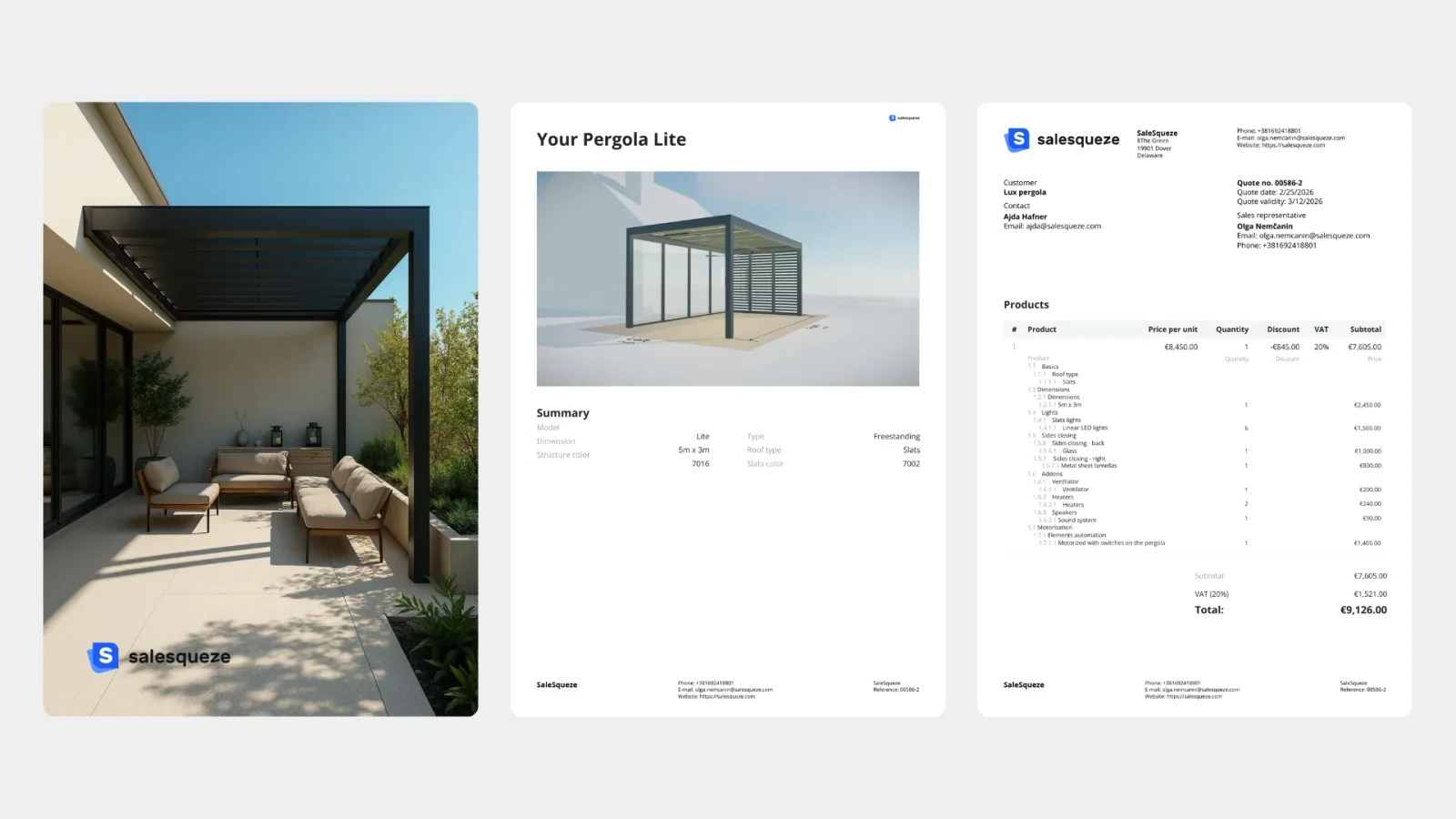 A sample pergola quote PDF with a 3D render of the configured pergola and an itemised price.