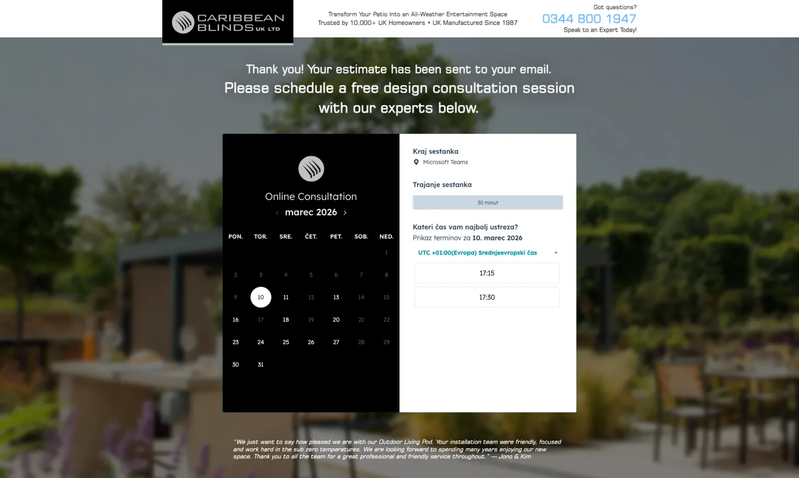 A second booking page showing consultation types and a time picker.
