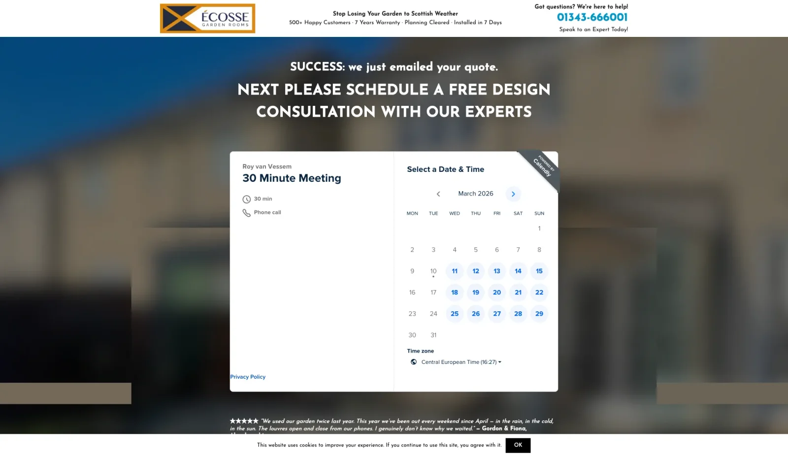 A booking page with a calendar and available times for a design consultation.