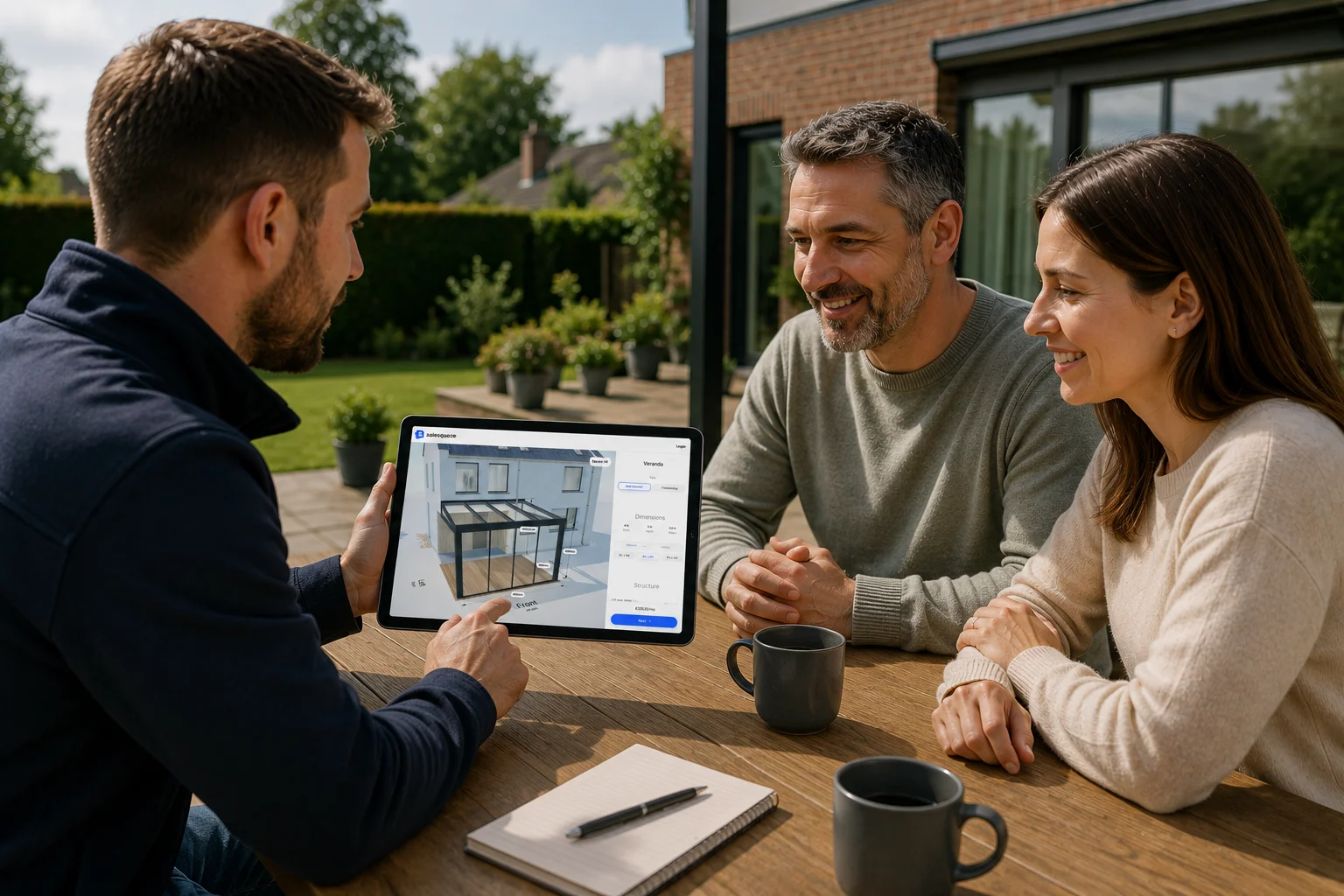 A rep showing a couple their veranda on a tablet at their garden table.