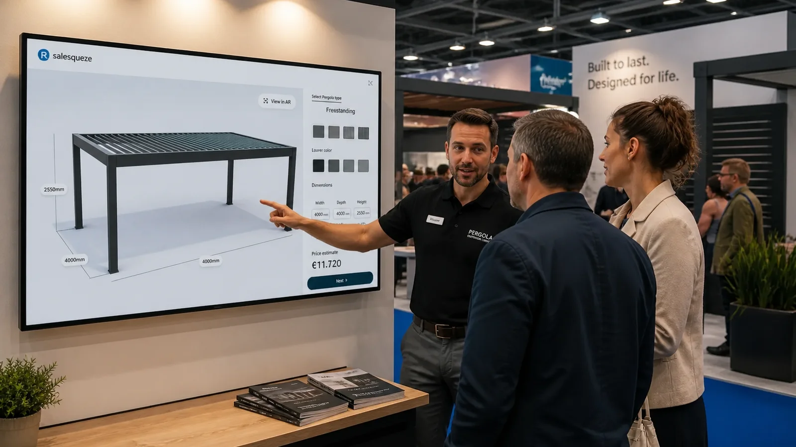 A rep pricing a pergola live on a screen at a trade-show stand.