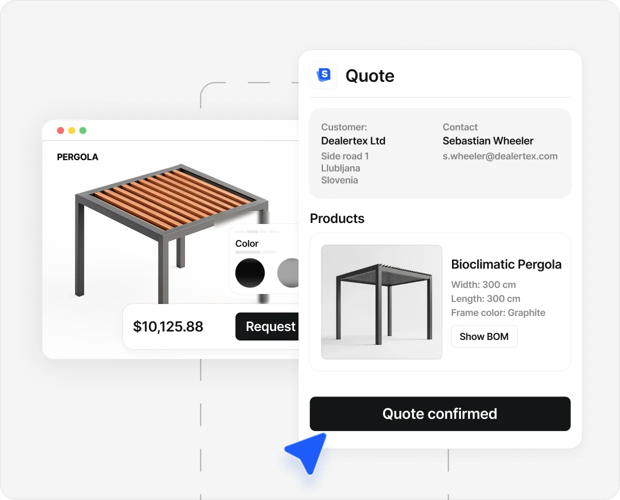A live 3D pergola configurator on a trade website with a configured price of €8,400.