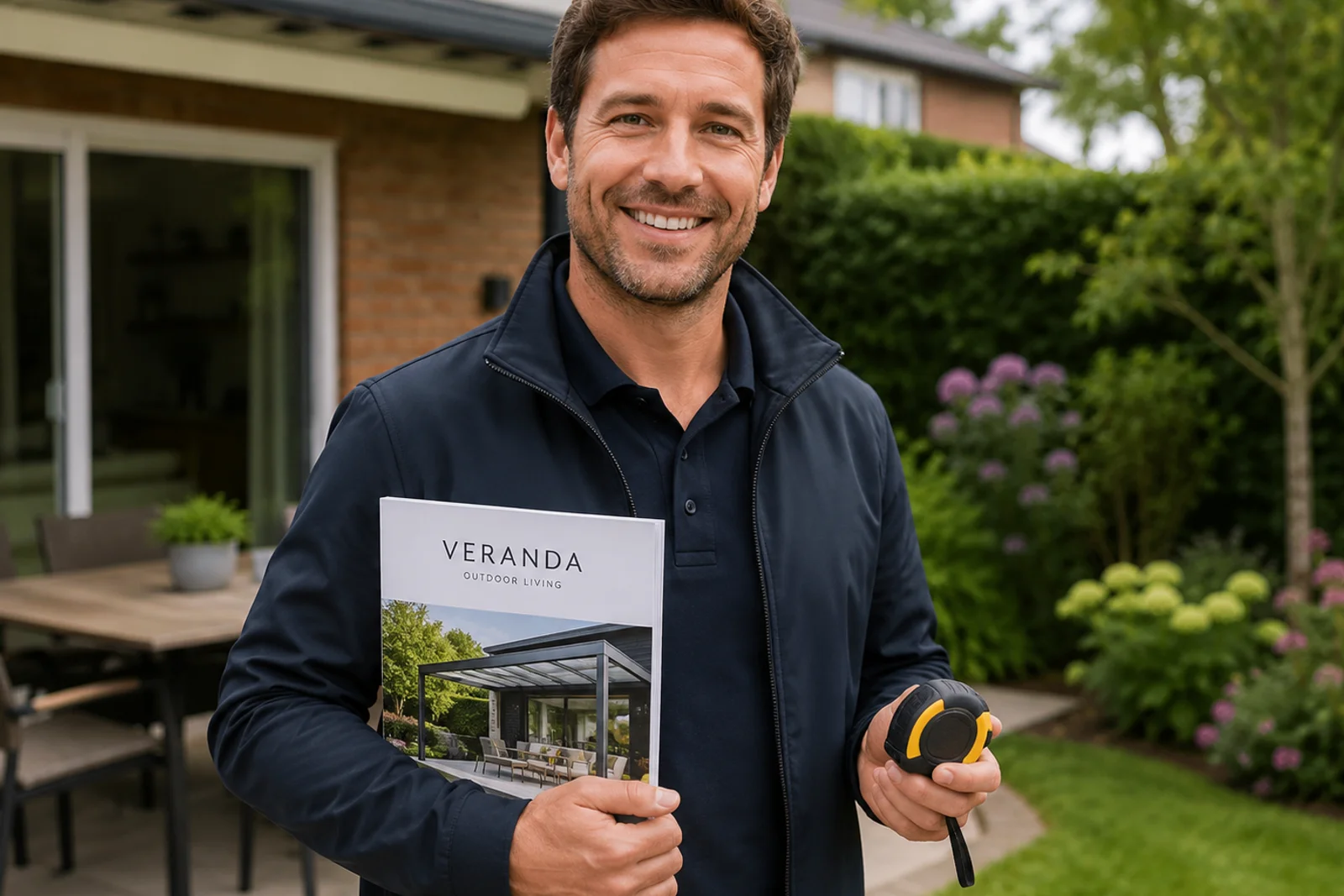 A sales rep in a garden holding a printed veranda brochure and a tape measure, the old way of running a home visit.