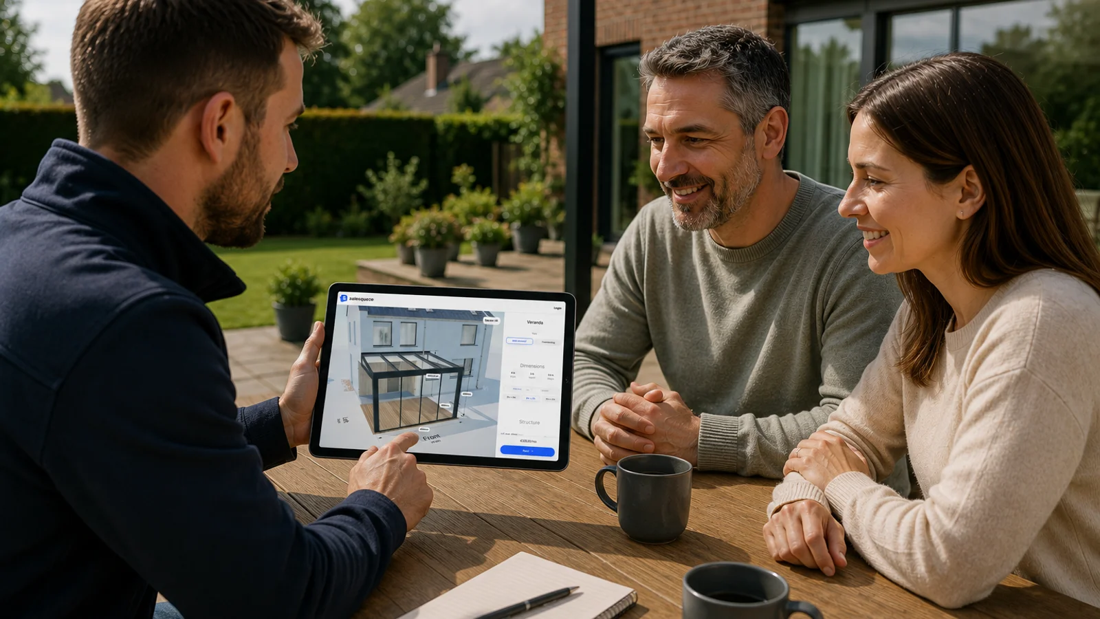 A sales rep shows a couple the veranda they are designing on a tablet, using the SaleSqueze configurator, at their own patio table.