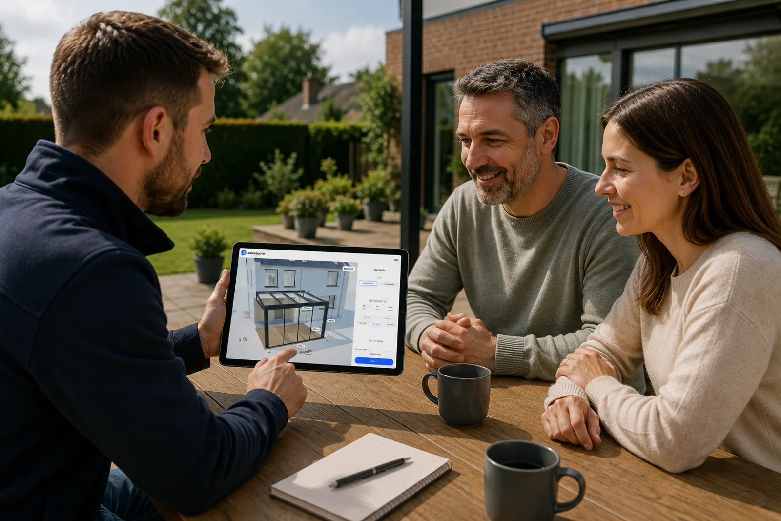 A sales rep and a couple at a patio table, looking at the veranda they are designing together on a tablet.