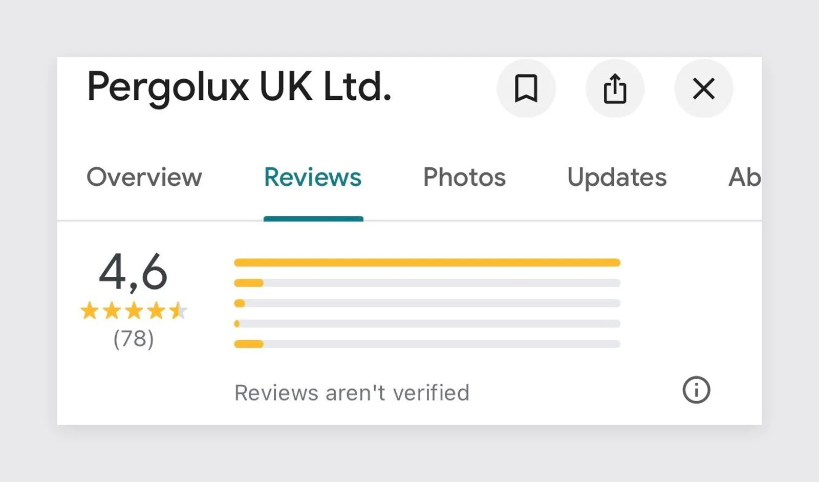 Pergolux UK's Google reviews: 4.6 stars across 78 reviews.
