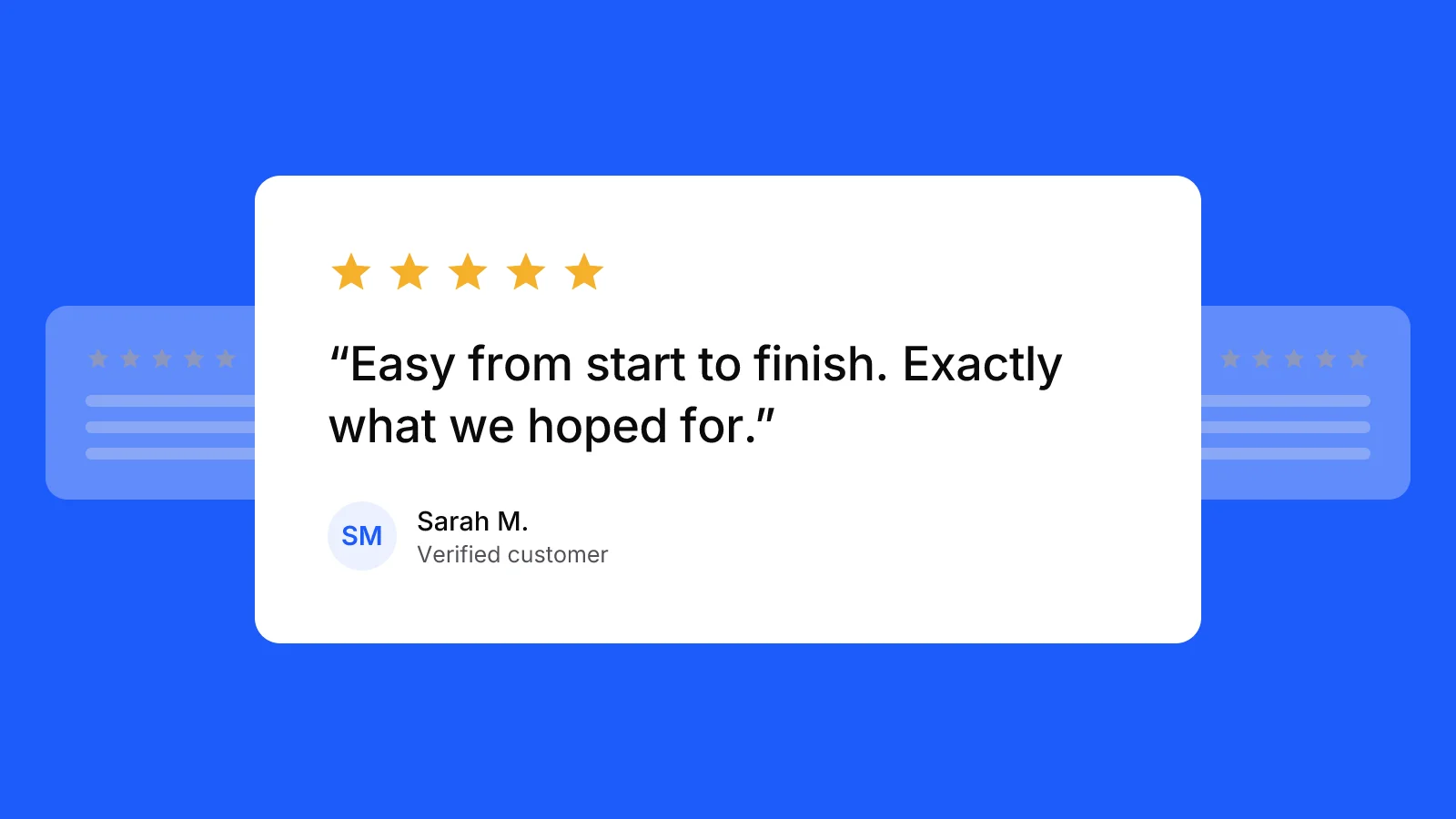 An illustration of a five-star customer review card, with more review cards stacked behind it.