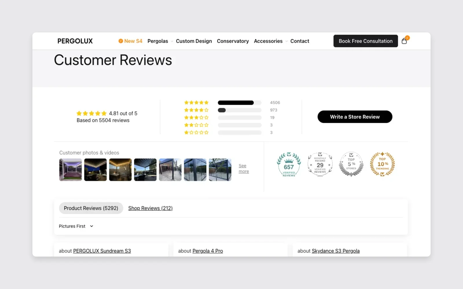 Pergolux's customer reviews page showing a 4.81 out of 5 rating across more than 5,500 reviews.