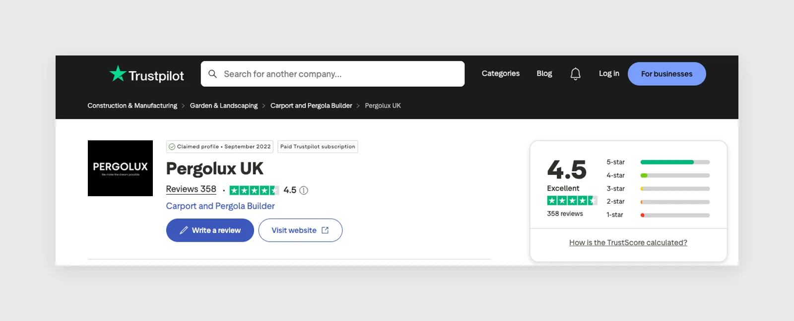 Pergolux UK's Trustpilot profile: 4.5 out of 5 across 358 reviews, rated Excellent.