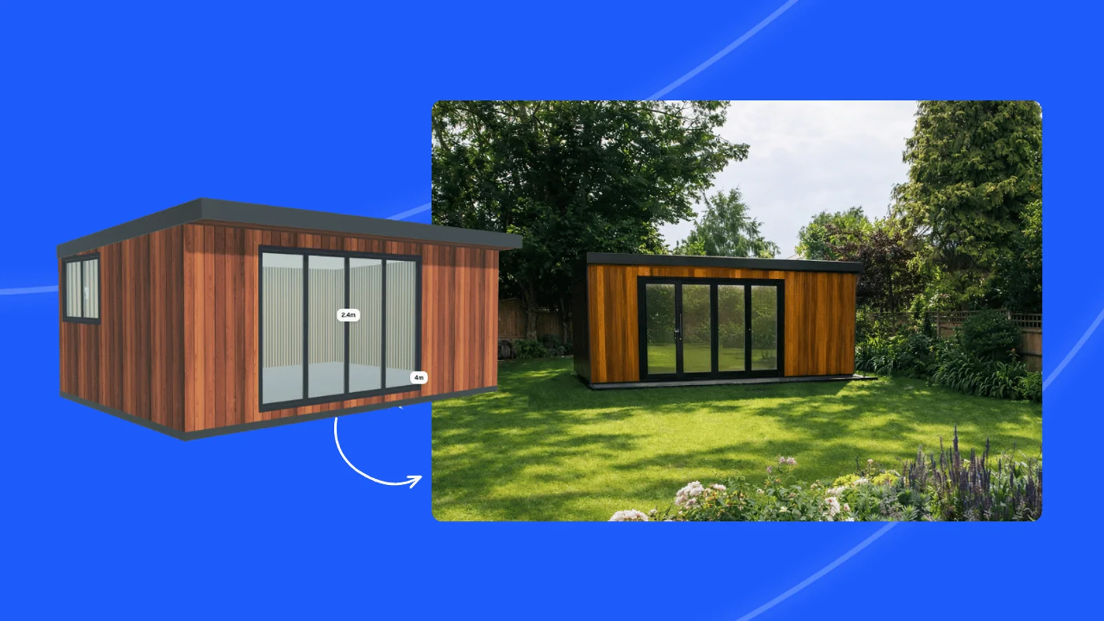 A garden room shown two ways: a 3D configurator design, and the same garden room rendered into a photo of a real back garden.