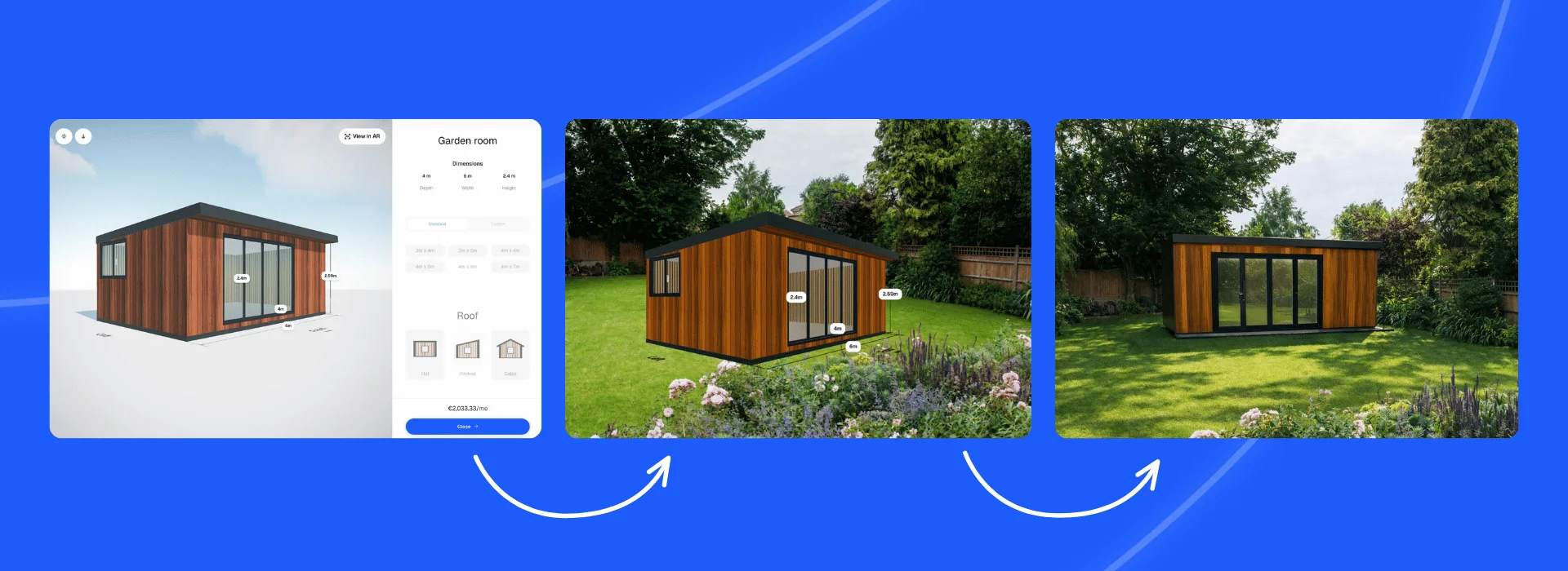 The render step shown in three stages: a garden room designed in the configurator, the same 3D model placed into a photo of the garden, then the finished photo-real image of the garden room in place.